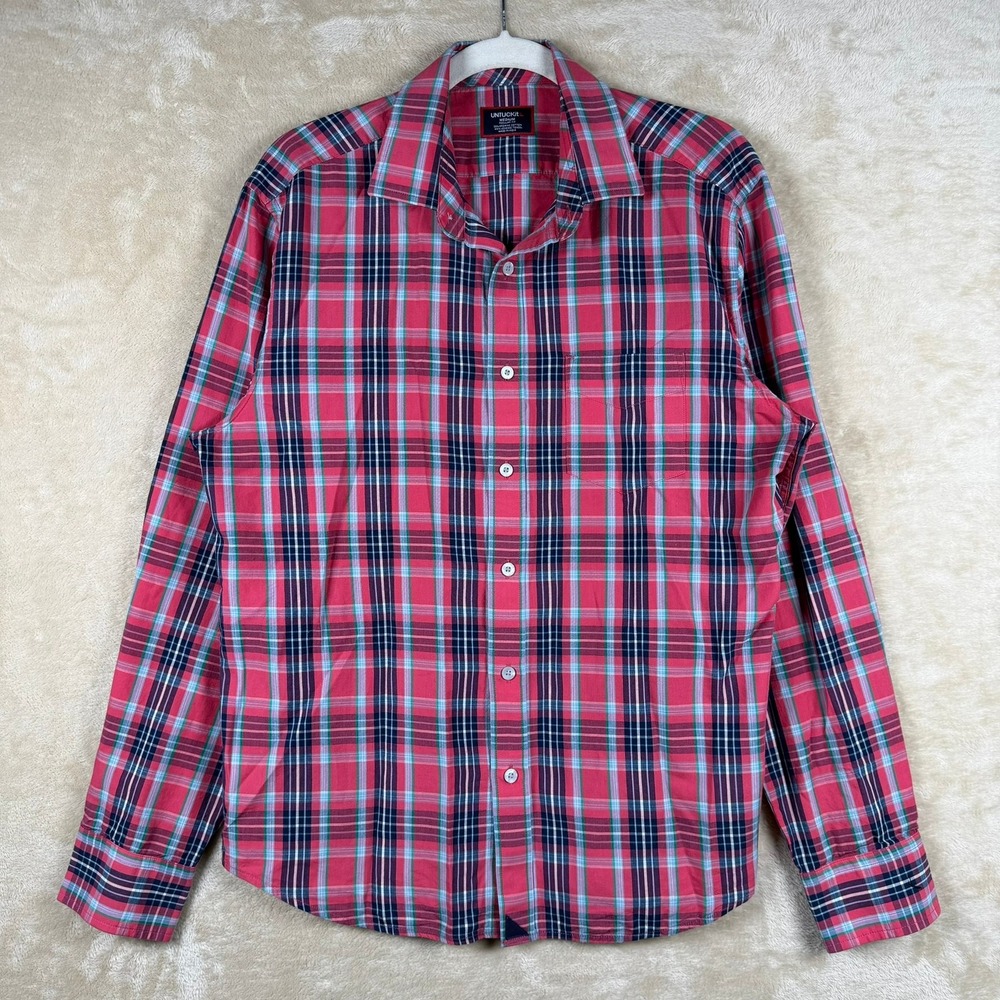 UNTUCKit Santabarbara Summer Plaid Red Blue‎ Mens Medium Regular Fit Shirt 41835